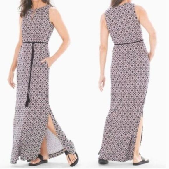 Soma Geo Print Sleeveless Maxi Dress Tassel Tie Rayon Slits Loungewear Resort - Picture 1 of 6